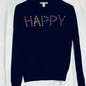 Autumn Cashmere Navy Blue Sweater with Multicolor 'Happy' Design
